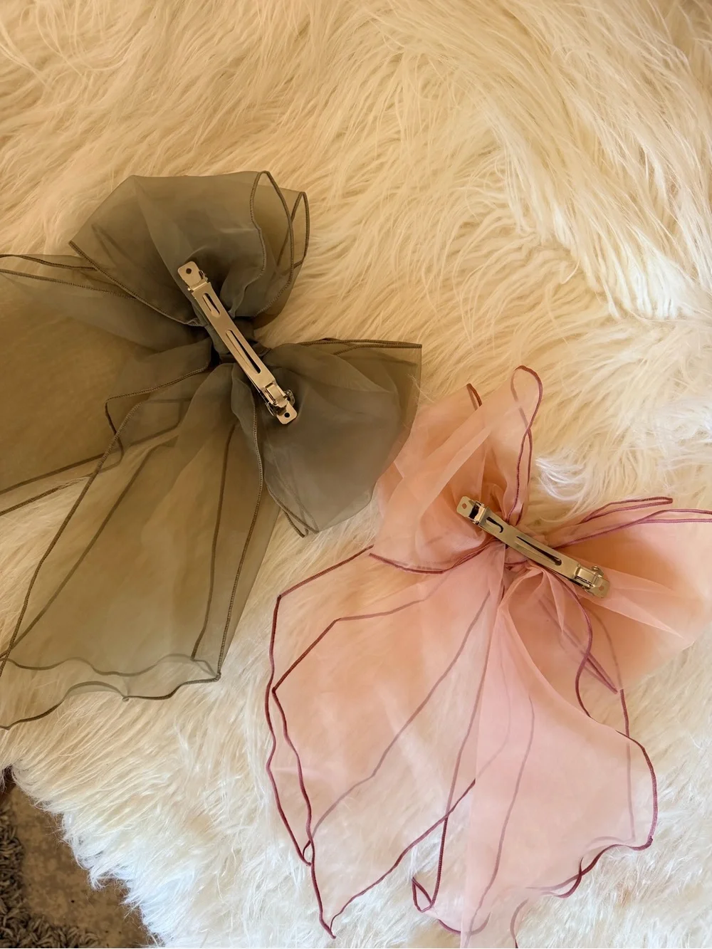 2x Sheer Organza Hair Bow Clip - Pink and Green